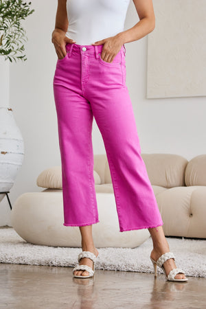 RFM Tummy Control High Waist Raw Hem Wide Leg Crop Jeans in Pink Rouge