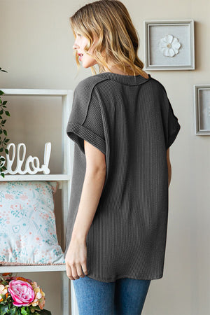 Exposed Seam Short Sleeve Ribbed Top Charcoal