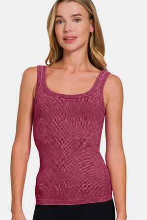 Zenana Ribbed Scoop Neck Mineral Washed Tank Burgundy