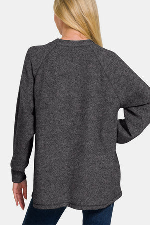 Zenana Brushed Melange Hacci High-Low Sweater Black