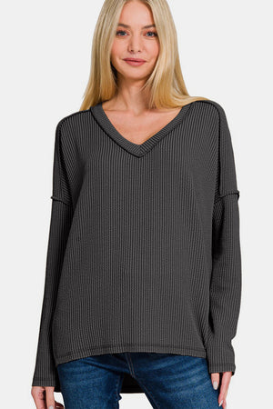 Zenana Texture Exposed Seam V-Neck Long Sleeve T-Shirt Black