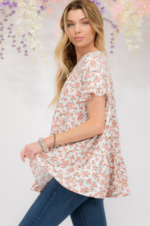 Ivory Floral Floral Ruffled Short Sleeve Blouse