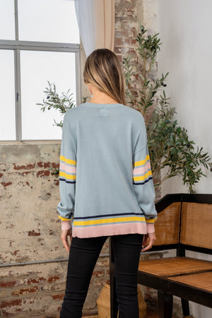 Contrast Stripes Long Sleeve Sweater Lt Blue