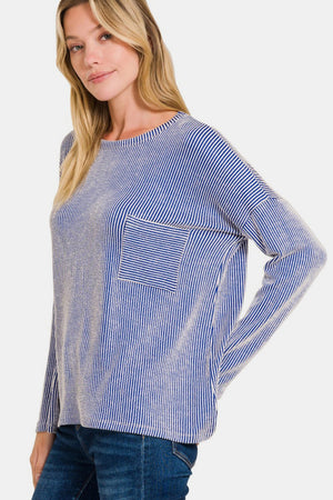 Zenana Ribbed Striped Long Sleeve T-Shirt Bright Blue