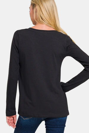 Zenana Relaxed Fit V-Neck Long Sleeve Cotton T-Shirt Black