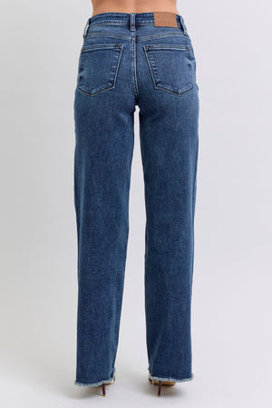 Judy Blue Mid Rise Wide Leg Raw Fray Hem Jeans