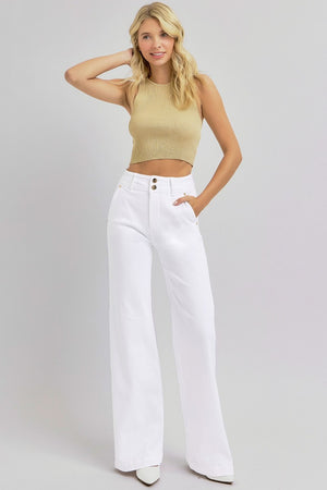 RISEN High Waist Tummy Control Double Button Wide Leg Trouser Jeans White