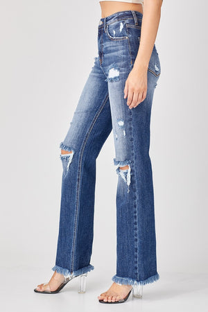 Risen High Rise Raw Hem Distressed Straight Leg Jeans