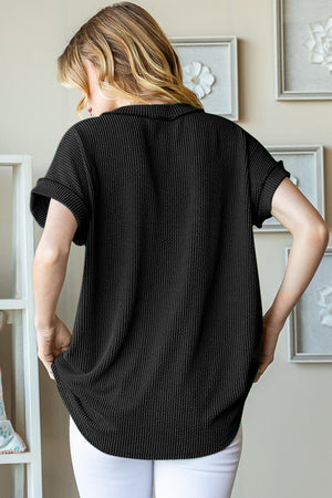 Front Pocket Exposed Seam Short Sleeve Ribbed Top - Black