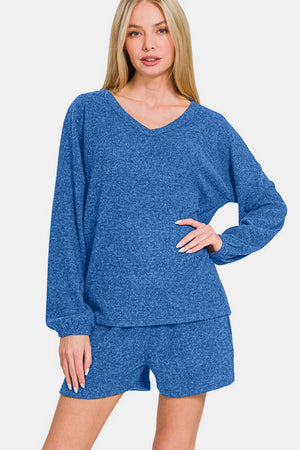 Zenana V-Neck Long Sleeve Ribbed Top and Shorts Set Royal Blue