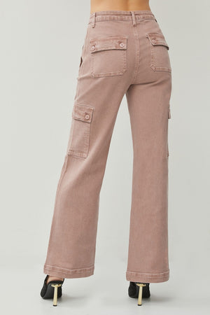 RISEN High Rise Wide Leg Cargo Jeans in Mauve