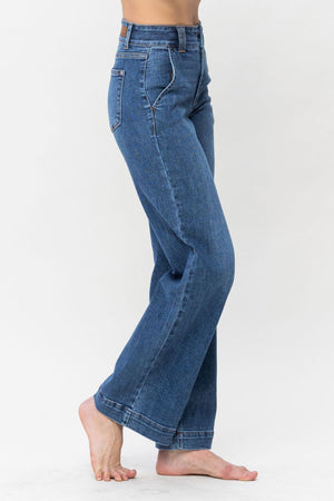 Judy Blue High Waist Double Button Wide Leg Trouser Jeans