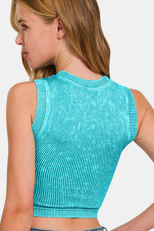 Zenana Washed Ribbed Seamless Crop Tank with Bra Pad Lt Teal