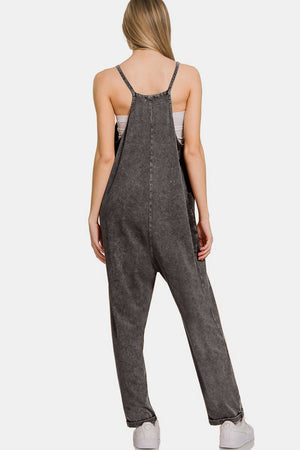 Zenana Washed Spaghetti Straps Overalls with Pockets Ash Black