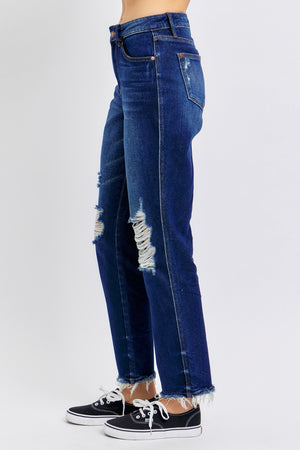 Judy Blue High Waist Rigid Magic Heavy Distressed Dark Wash Straight Leg Jeans