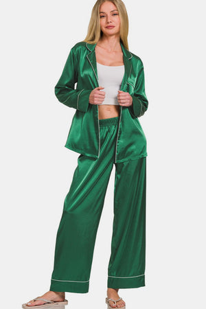 Zenana Satin Long Sleeve Shirt and Pants Pajama Set Hunter Green