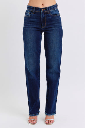 Judy Blue Mid Rise Straight Leg Fray Hem Jeans