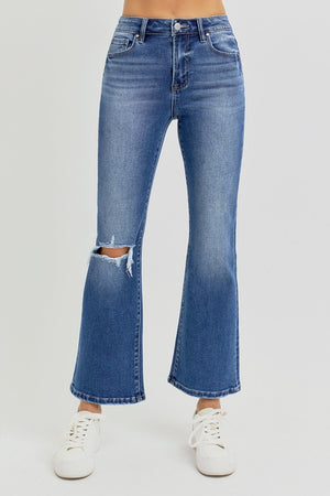 RISEN High Rise Distressed Knee Crop Flare Jeans