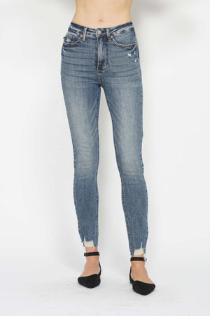 Judy Blue High Rise Tummy Control Vintage Wash Distressed Hem Skinny Jeans