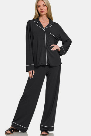 Zenana Button Down Long Sleeve Top and Pants Lounge Set Black