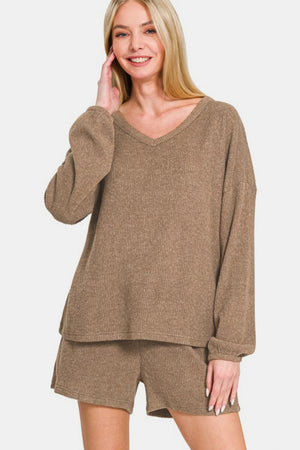 Zenana V-Neck Long Sleeve Ribbed Top and Shorts Set Camel