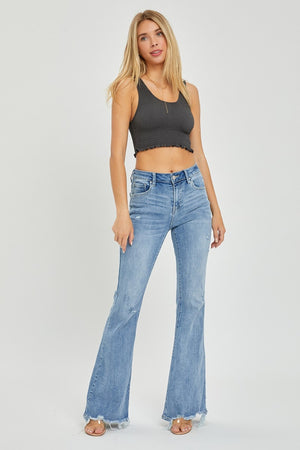 Risen High Rise Frayed Hem Light Wash Flare Jeans