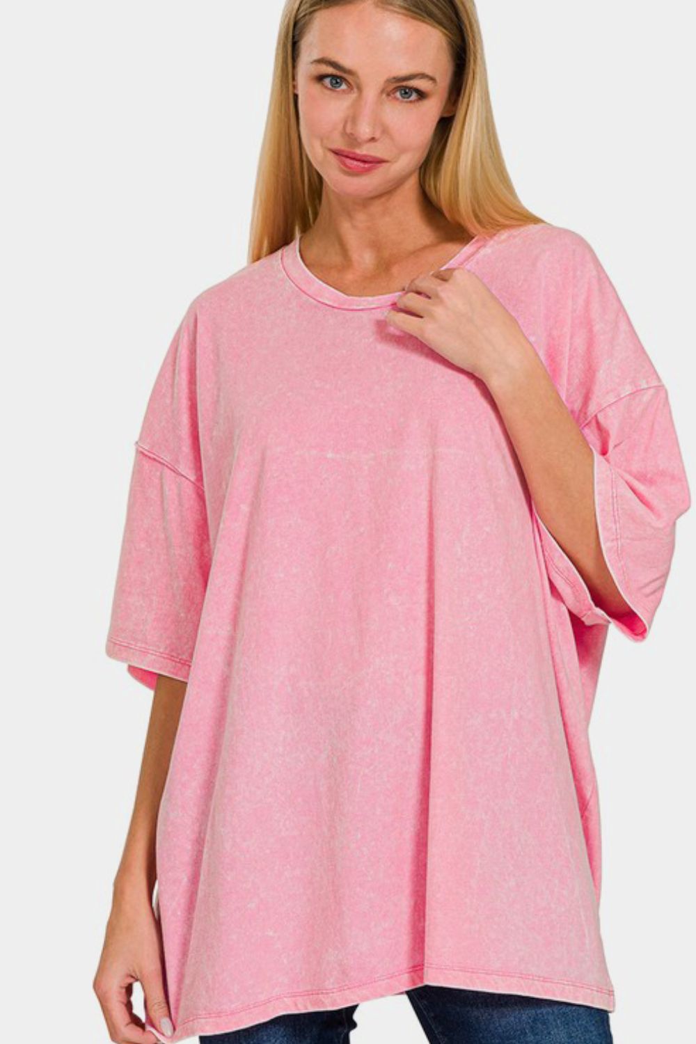 Zenana Washed Round Neck Drop Shoulder Oversized T-Shirt Pink