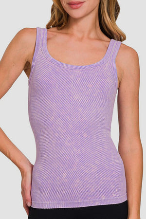 Zenana Ribbed Scoop Neck Mineral Washed Tank Lavender