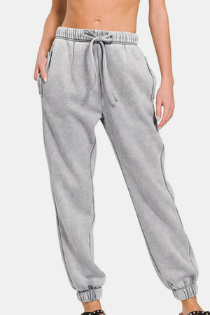 Zenana Acid Wash Fleece Drawstring Sweatpants with Pockets Sleet