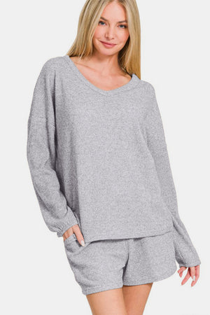 Zenana V-Neck Long Sleeve Ribbed Top and Shorts Set Gray