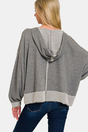 Zenana Contrast Trim Slit Hoodie Dark Gray