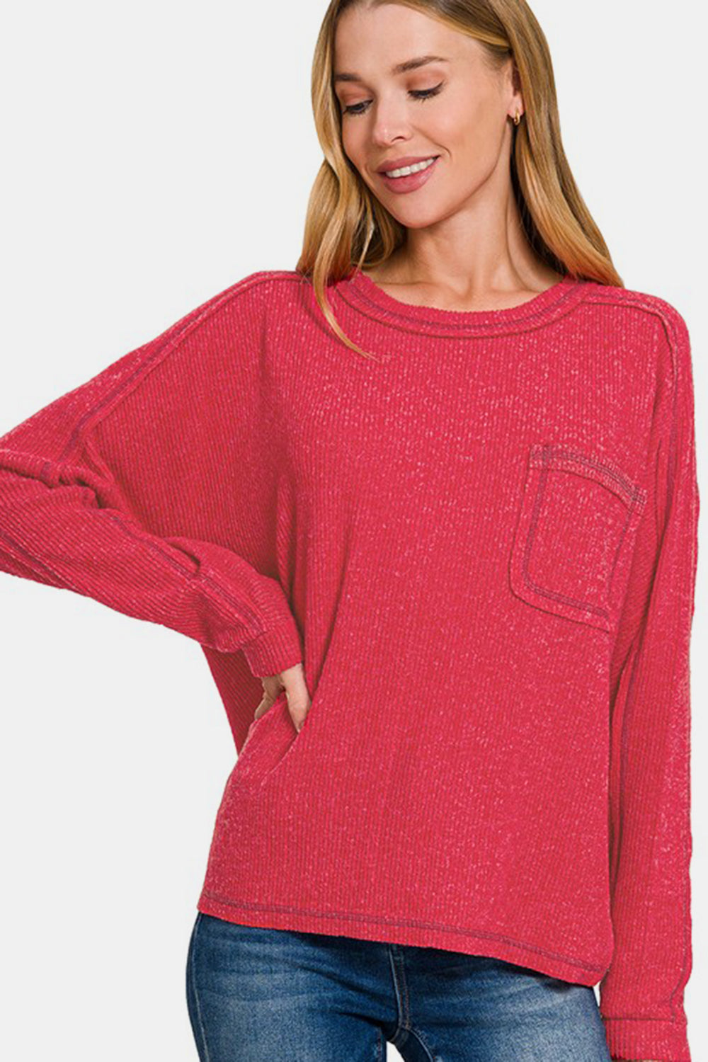 Zenana Contrast Stitching Brushed Ribbed Hacci Knit Top Red