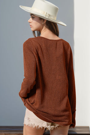 Ribbed Notched Thumbhole Long Sleeve Top - 8 colors