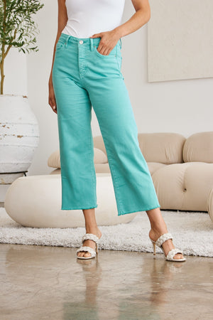 RFM Tummy Control High Waist Raw Hem Wide Leg Crop Jeans in Island Green