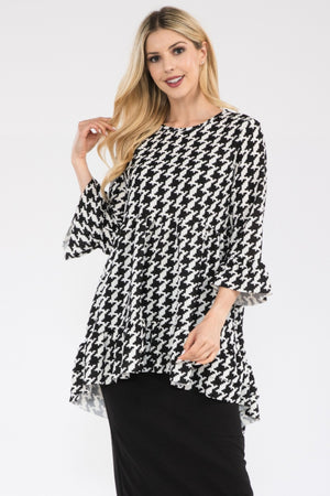 Houndstooth Flounce Sleeve High-Low Top - 4 colors