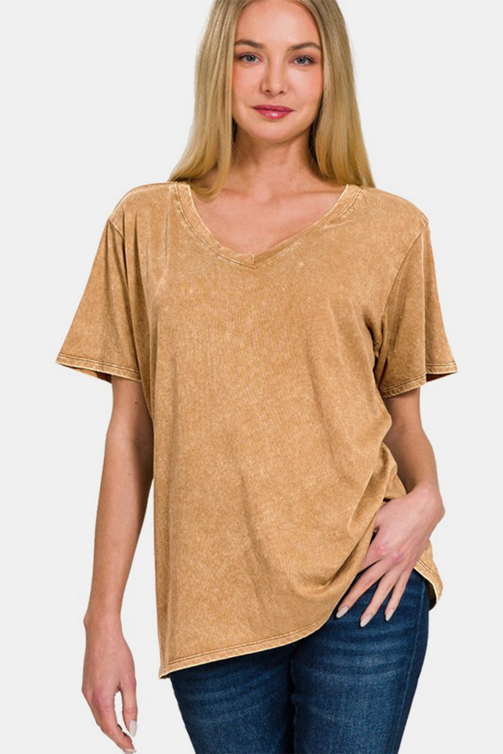 Zenana Washed Short Sleeve V-Neck T-Shirt Camel