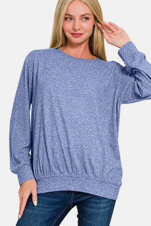 Zenana Melange Round Neck Top Lt Navy