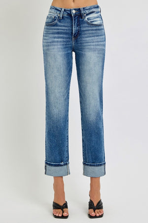 RISEN High Rise Vintage Wash Crop Straight Leg Cuffed Jeans