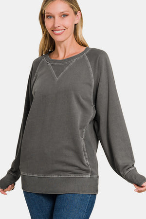 Zenana Round Neck Long Sleeve Sweatshirt Black