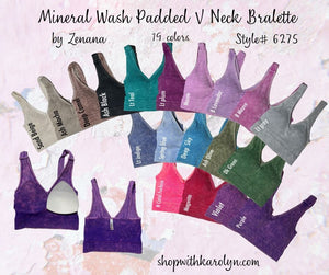 Zenana Ribbed Cropped Stone Washed V Neck PADDED Tank Top Brami Bralette 6275