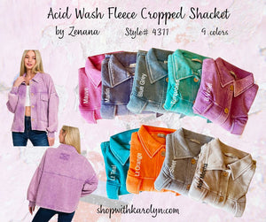 Acid Wash Fleece Cropped Shacket with Front Pockets by Zenana