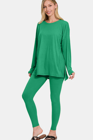 Zenana Buttery Soft Top and Leggings Lounge Set Kelly Green