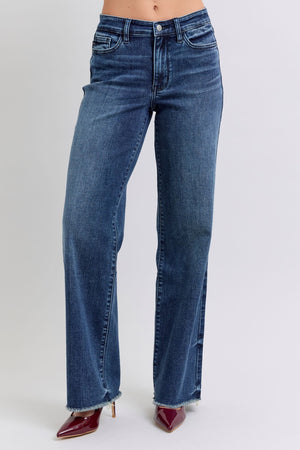 Judy Blue Mid Rise Wide Leg Raw Fray Hem Jeans