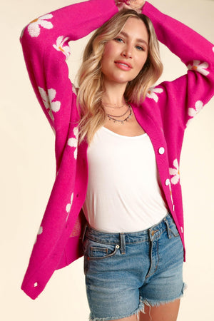 Pink Daisy Floral Button Down Long Sleeve Cardigan