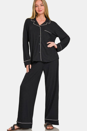 Zenana Button Down Long Sleeve Top and Pants Lounge Set Black