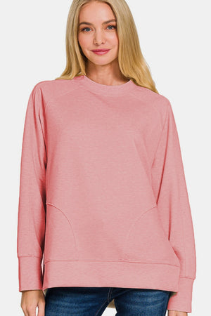 Zenana Scuba Round Neck Side Slit Sweatshirt