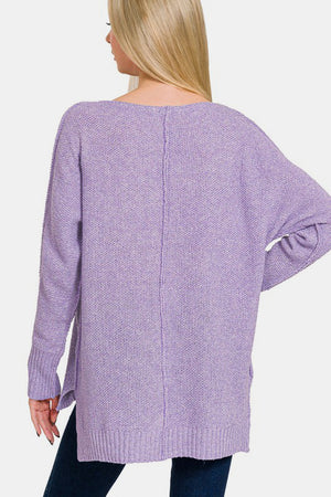 Zenana High-Low Center Seam V-Neck Sweater Lavender