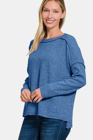 Zenana Exposed Seam Brushed Round Neck Sweater Navy