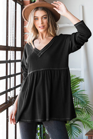 Heimish V Neck Long Sleeve Ribbed Babydoll Top Black