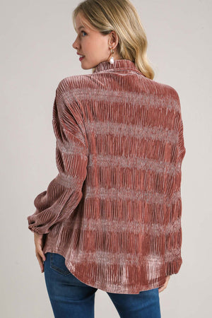 Ruched Tiered Button Up Velvet Shirt in Red Bean